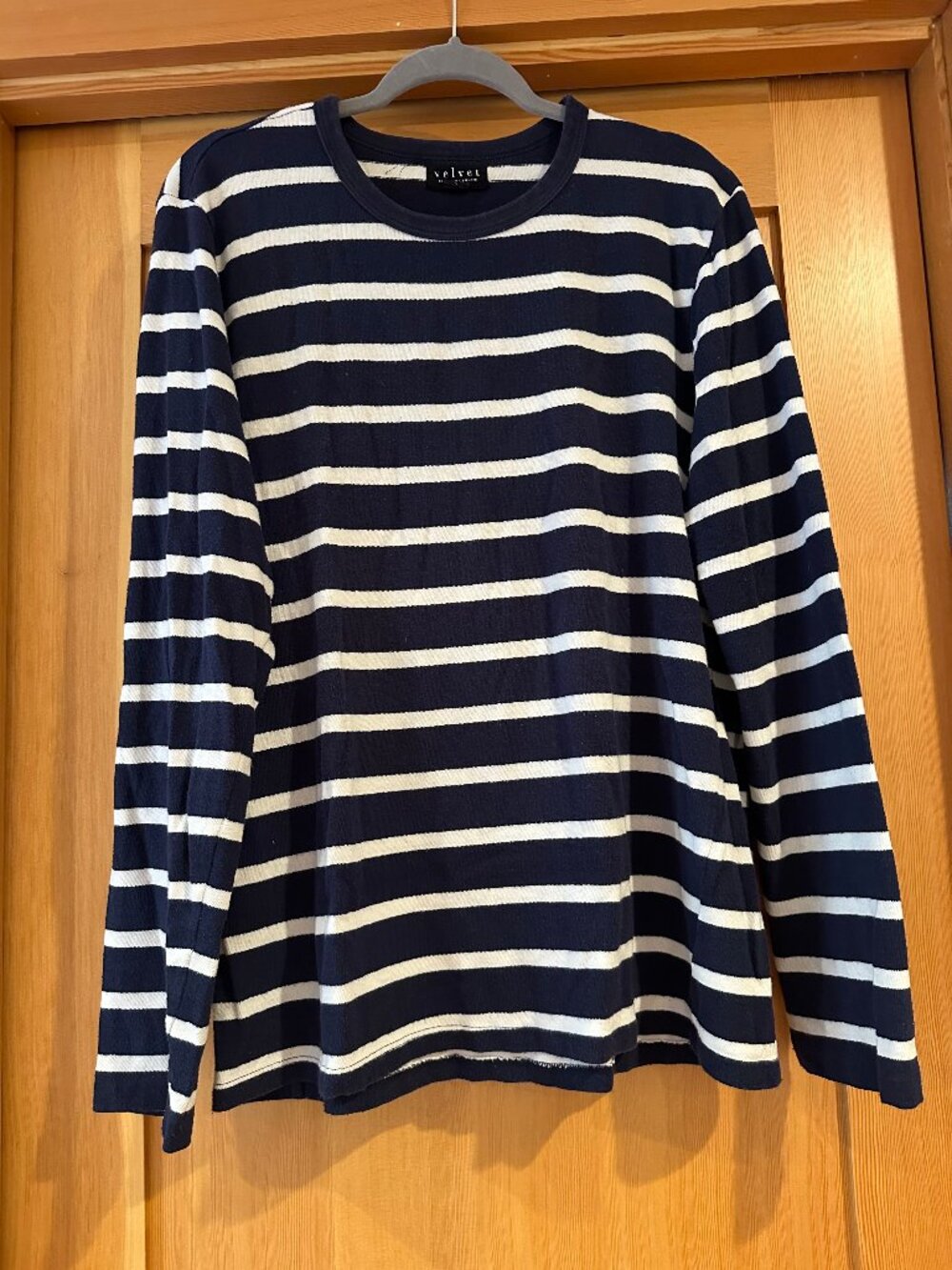 Long sleeved Men's Navy and white striped cotton tee by Velvet